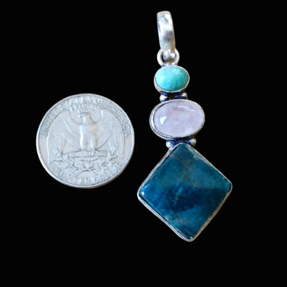 Amazing Amazonite, Rose Quartz & Blue Apatite 925 SS Pendant Necklace 18" - Picture 2 of 8